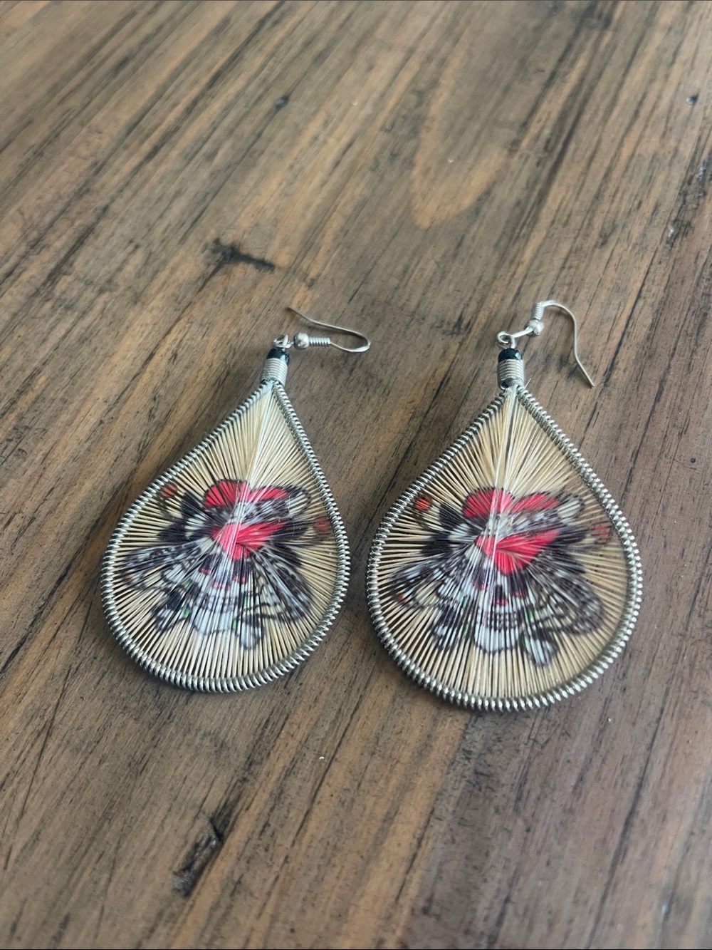 Ed Hardy Teardrop Thread Earrings with Pink and Cream Floral Motif
